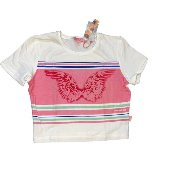 Roberto Cavalli x Simonetta Girls T-Shirt Pink Angel Wings Crystals sz 10 NWT